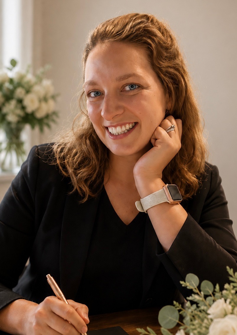 Erica smiling at a table with wedding flowers nearby